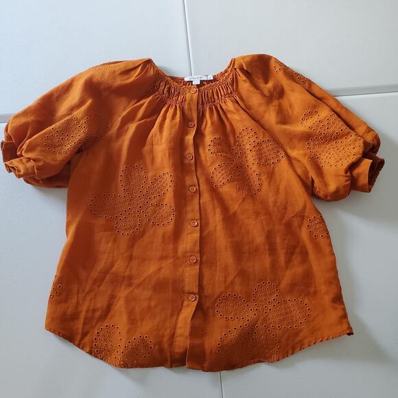 Chico's Shirt Womens Medium Orange Eyelet Floral Button Front Puff Sleeve Boho - Picture 1 of 8